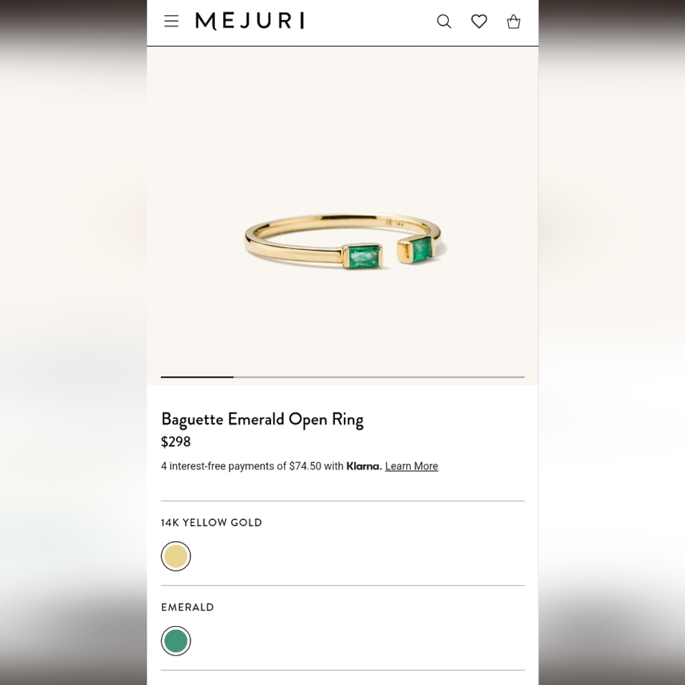 Mejuri Baguette Emerald Open Ring